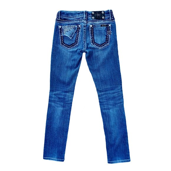 Miss Me Rhinestone Bling Folded Pocket Acid Wash Jeans Size 3 Waist 26 JP5118SKR - Picture 4 of 8